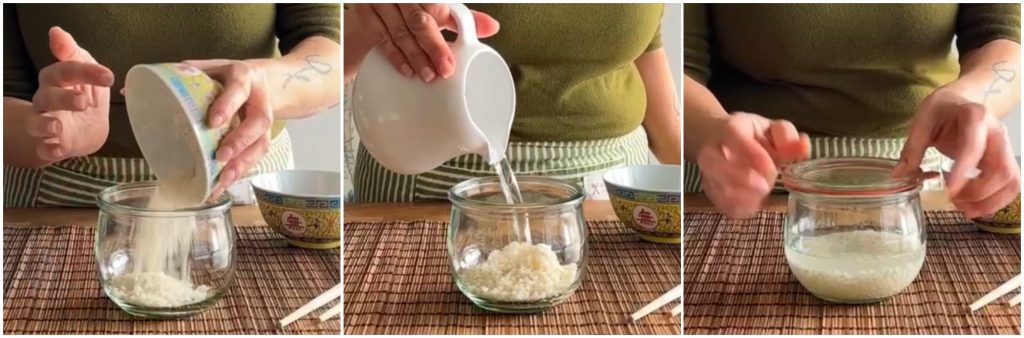 Sushi-rijst in glazen pot