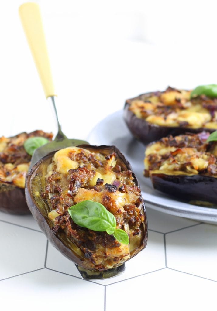 Aubergines uit de oven met ham en kaas