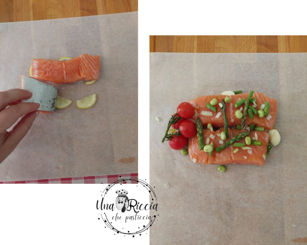 preparazione-salmone-al-cartoccio con asparagi e fave