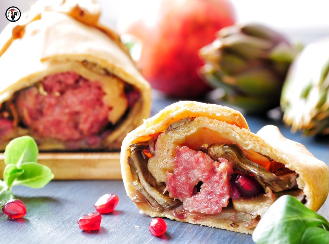 Cotechino in korst van linzen – Met artisjokken en granaatappel