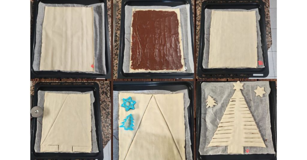 Ik smeer Nutella op het bladerdeeg en snijd de vorm van de boom uit