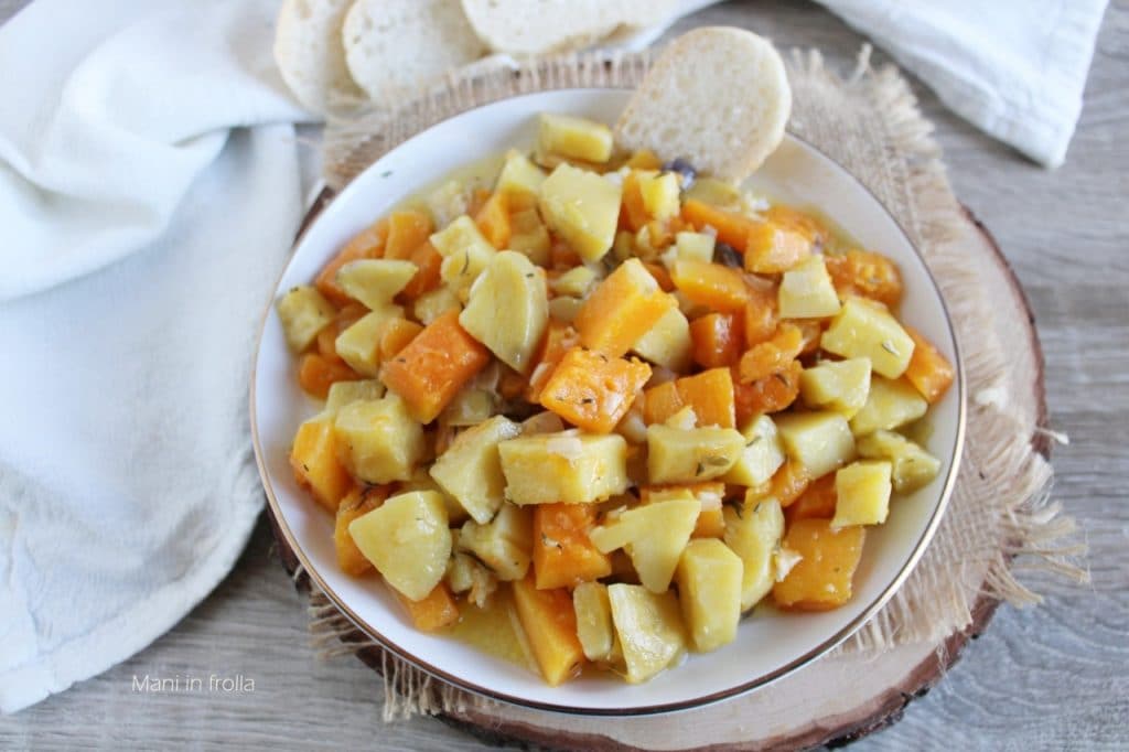Bijgerecht van Pompoen, Prei en Aardappelen in de Pan