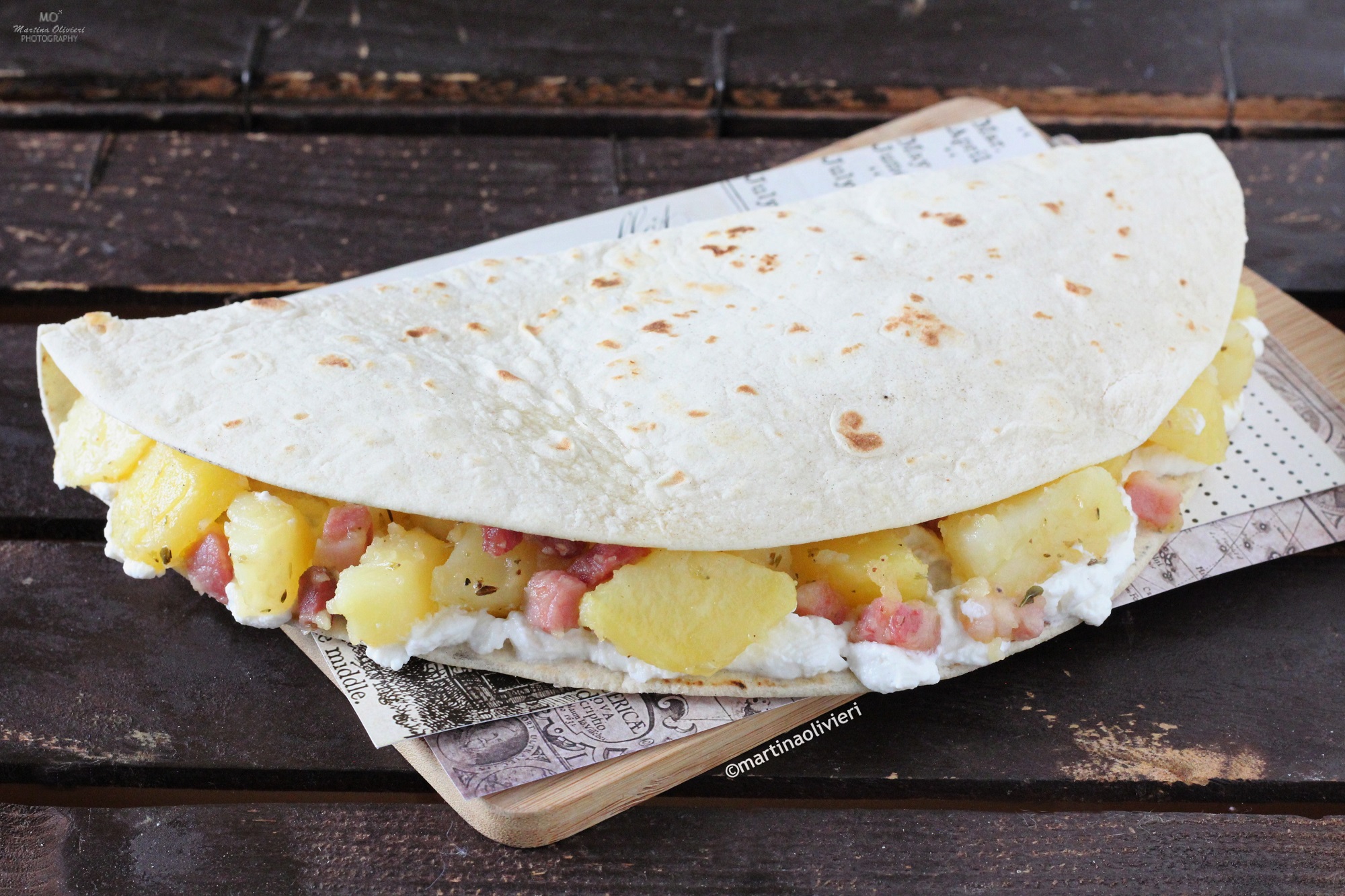 Piadina met ricotta, aardappelen en spek