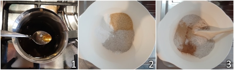 a. honing oplossen in water en roggemeel en specerijen mengen