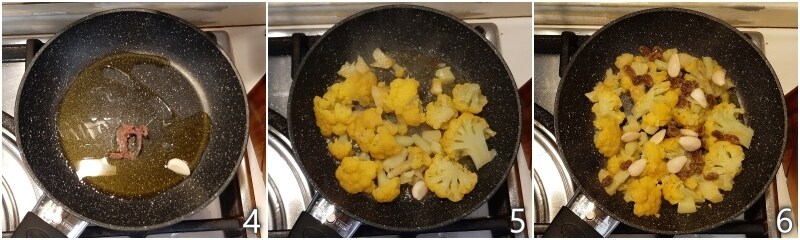 b, roosjes van bloemkool opnieuw bakken in de pan met amandelen en rozijnen