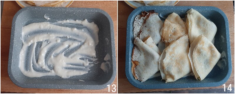 crespelle met champignons en gekookte ham gemakkelijk recept gevulde hartige crêpes in de oven met bechamel de maiskorrel 5 in de ovenschaal plaatsen