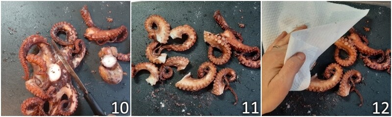 d. kook de octopus en snijd de tentakels