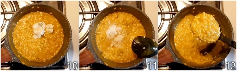 d. risotto met pompoen mengen met parmigiano en zoete gorgonzola