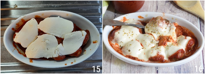 gehaktballen alla pizzaiola met tomaat en mozzarella uit de oven of in de pan, recept voor ongebruikelijke gehaktballen, il chicco di mais 4 mozzarella laten smelten
