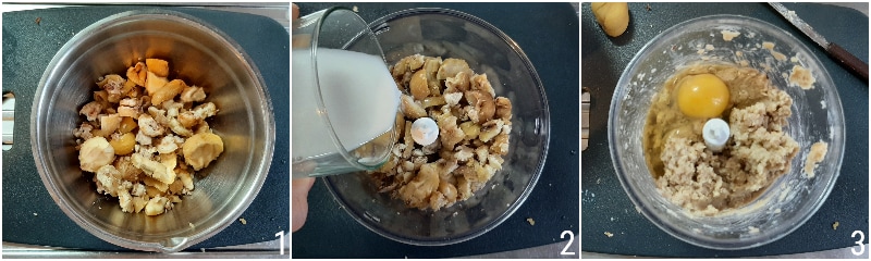 kastanje- en cacaotaart zonder bloem met gekookte kastanjes, zacht en vochtig als dessert, glutenvrij recept van il chicco di mais 1 kastanjes pureren