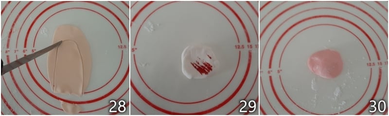 l. kleur de suikerpasta met een beetje rood om roze te maken