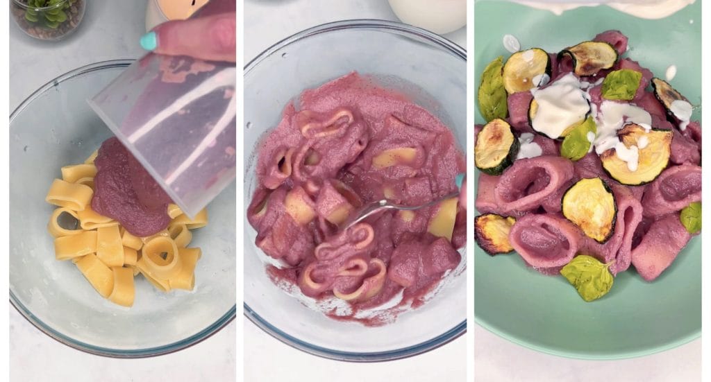 Roze pasta met bietensaus, robiola en courgettes gekookt in heteluchtfriteuse