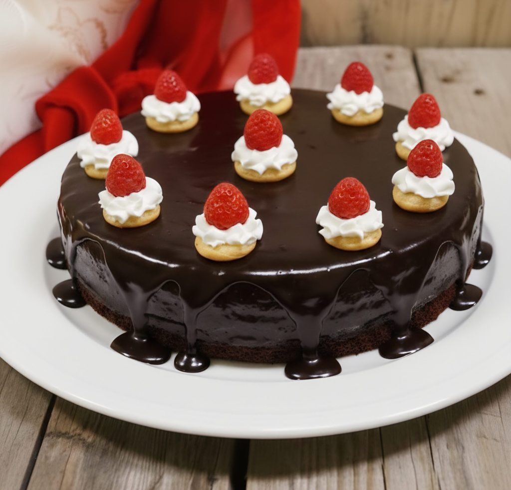 Cacaocake en aardbeien met chocolade ganache