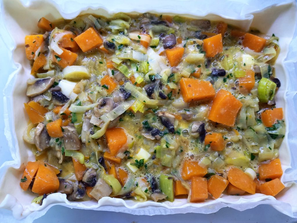 Quiche met pompoen, prei en champignons