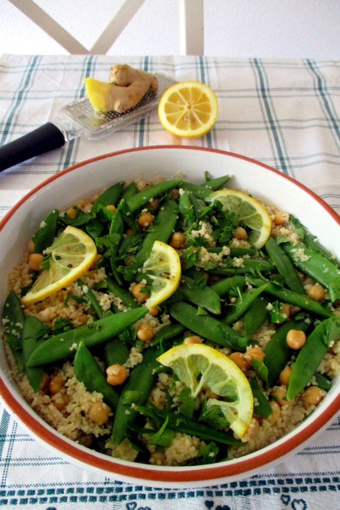 Couscous met kikkererwten en peultjes met citroen en gember, Mangia senza Pancia