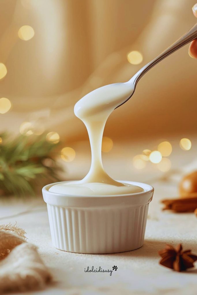 Zelfgemaakt wit glazuur voor koekjes dat langzaam van een lepeltje in een kommetje druppelt, in een kerstsfeer met warm licht.