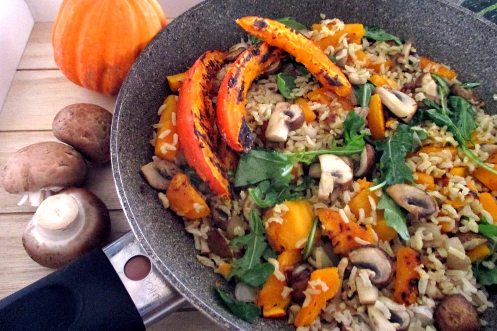 Pompoenrijst en champignons met rucola, Mangia senza Pancia