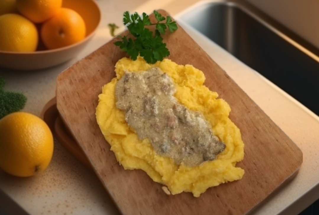 Polenta met champignonroomsaus en spek