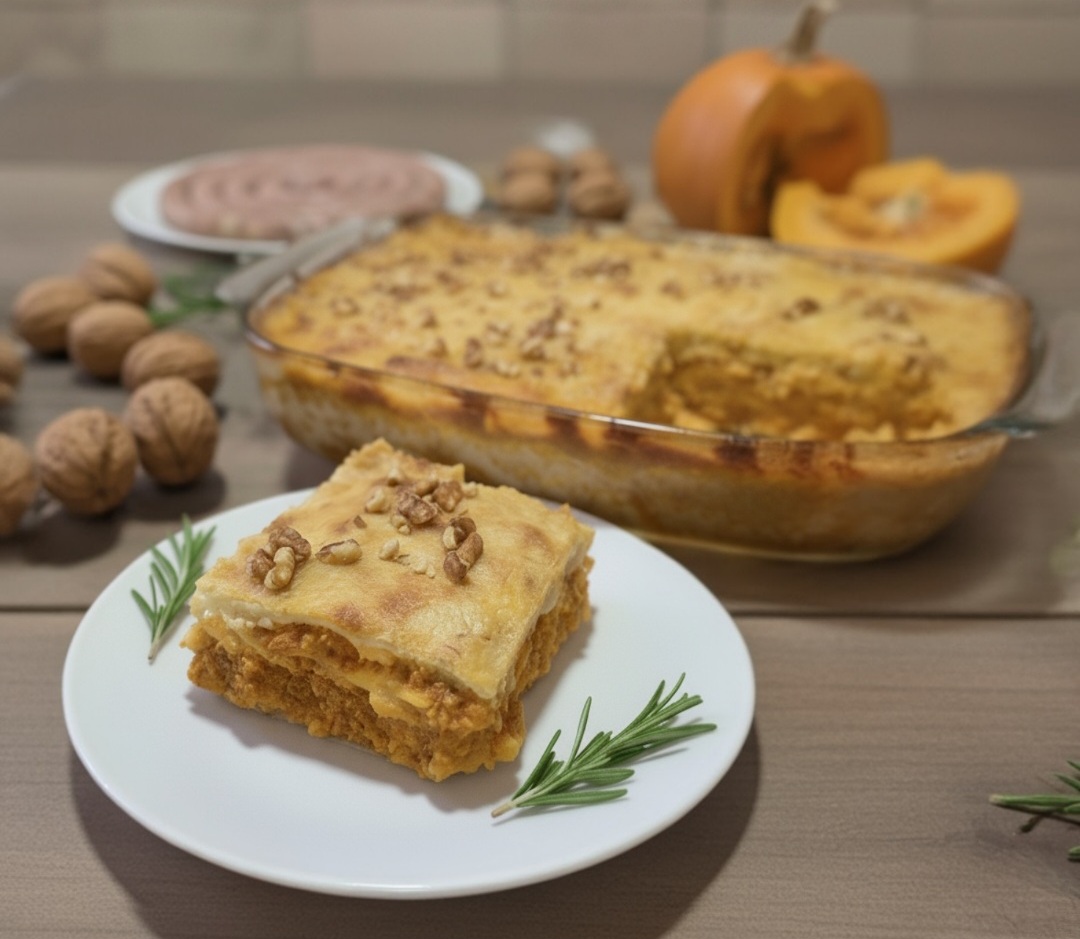 De lasagne met pompoen worst provola