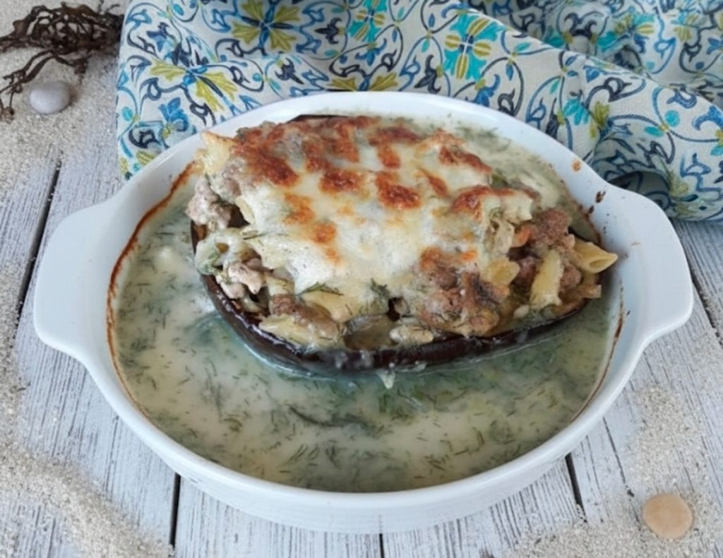 Auberginebootjes met zeevruchtencrème