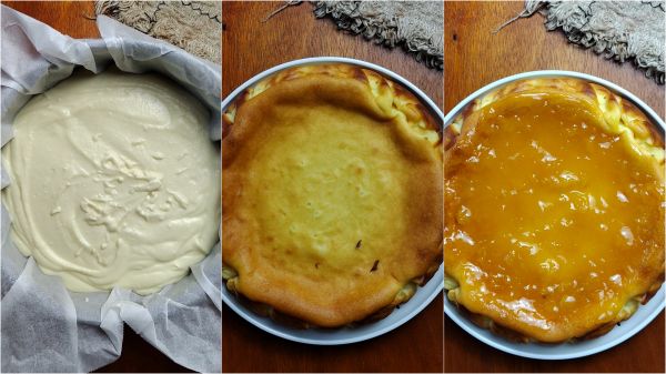 bak de gebakken perzik cheesecake in de oven en verdeel de jam