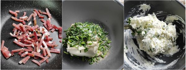 bak het spek in de pan en meng kaas met bieslook