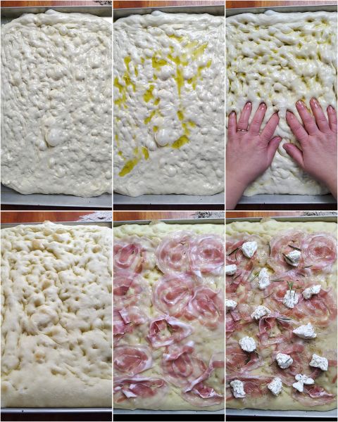 bereiding van focaccia met stracchino en spek