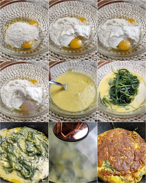 bereiding van de frittata met agretti