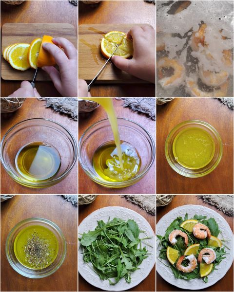 bereiding van de garnalensalade met sinaasappels