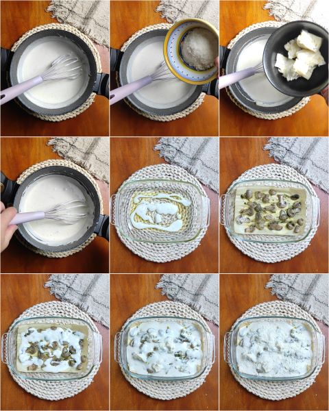 bereiding van de lasagne met gorgonzola en champignons