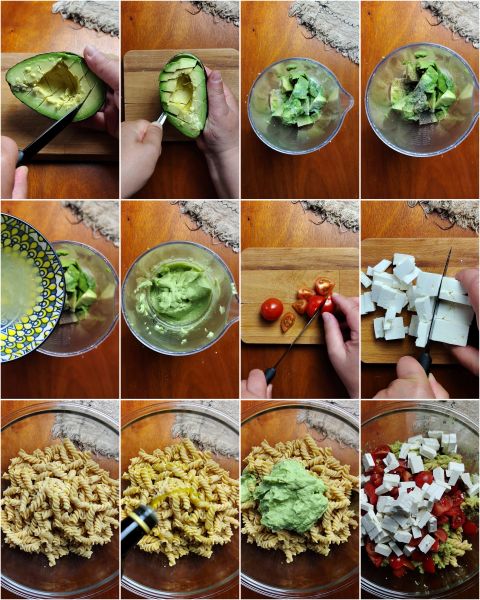 bereiding van de pasta met avocadocrème en cherrytomaatjes