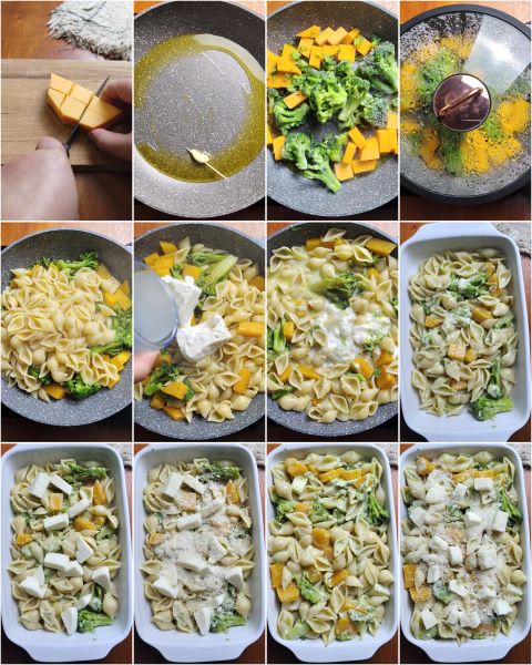 bereiding van de pasta uit de oven met broccoli en pompoen