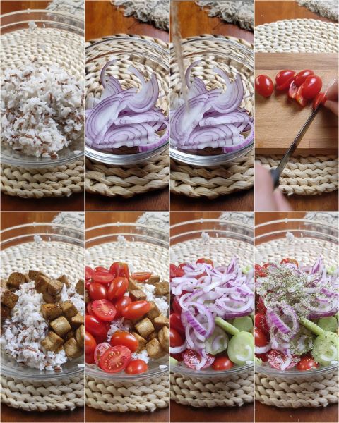 bereiding van koude basmatirijst met tofu