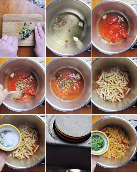 bereiding van pasta alla puttanesca in snelkookpan