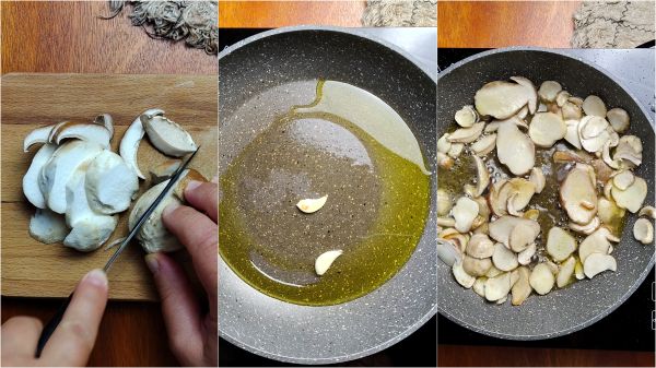 maak de champignons schoon, snijd ze in plakjes en bak ze in de pan met knoflook