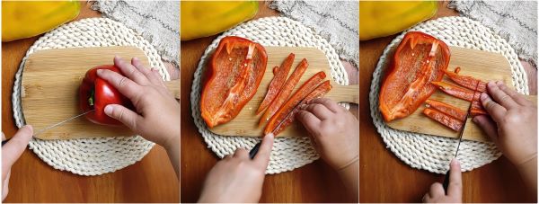 maak de paprika's schoon en snijd ze in reepjes