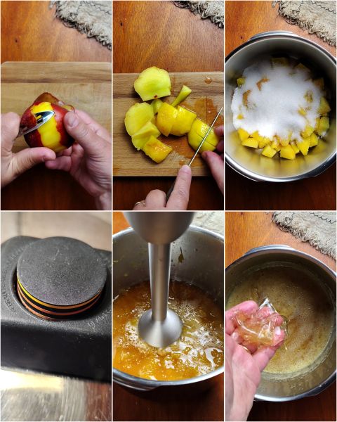 maak de perziken schoon, kook ze in de snelkookpan en pureer