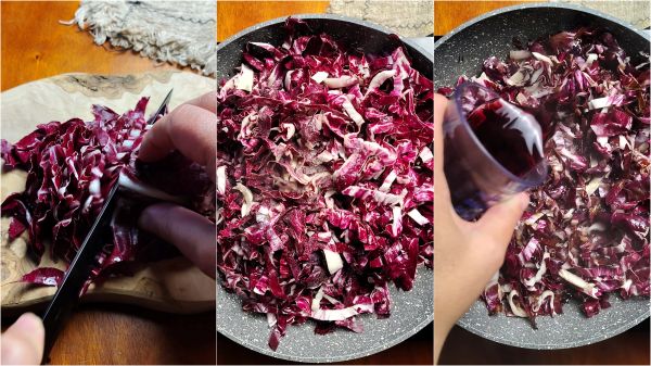 maak de radicchio schoon en kook het in de pan
