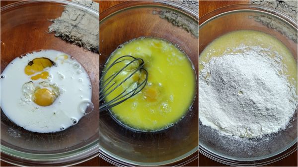 meng de vloeibare ingrediënten, voeg de droge ingrediënten toe en meng met de handgarde