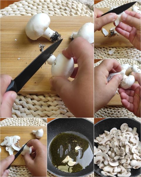 schoonmaken en koken van de champignons