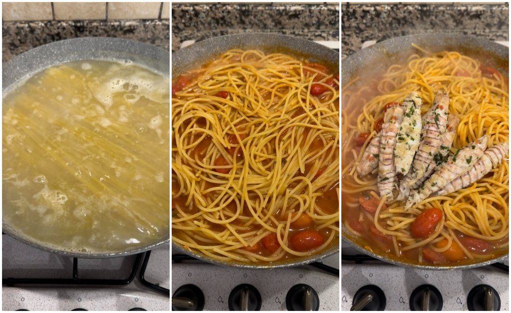 spaghetti in saus met zeekrekels