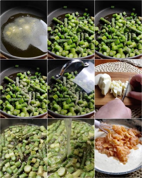 voeg de zalm toe aan de bechamelsaus, kook de asperges en snijd de scamorza