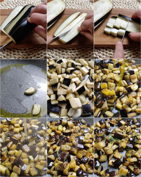 voorbereiding van de aubergines in de pan