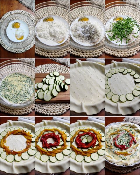 voorbereiding van de hartige taart met paprika en courgette