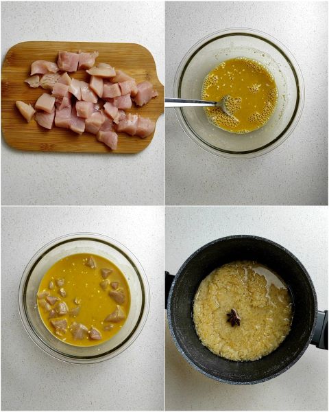 voorbereiding van de marinade van kip met curry en basmatirijst