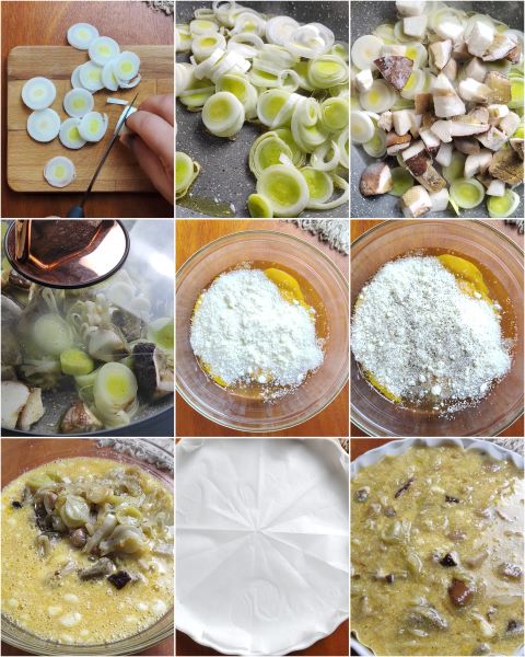 voorbereiding van de omelet met champignons en prei uit de oven