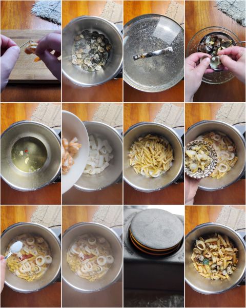 voorbereiding van de pasta met zeevruchten in de snelkookpan