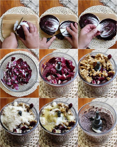 voorbereiding van de pesto van radicchio en walnoten