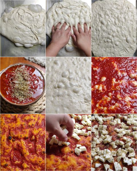 voorbereiding van de pizza in hoge en zachte bakplaat