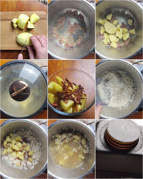 voorbereiding van de risotto met aardappelen en spek